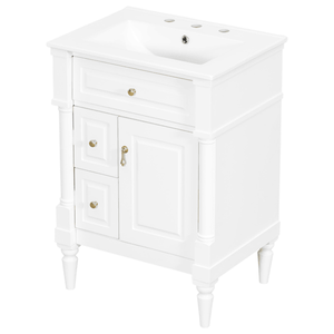 Mobile Bagno Bianco da 24 Pollici con Lavabo, Cassetto Ribaltabile, Ripiano Regolabile, Finitura Impermeabile in Legno di Gomma Massiccio - Product Image 4