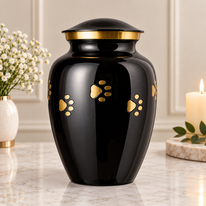 Urne funéraire Forever Paw en métal noir, souvenir commémoratif pour animaux de compagnie, design avec empreintes de pattes dorées, finition brillante et couvercle sécurisé - Product Image 1