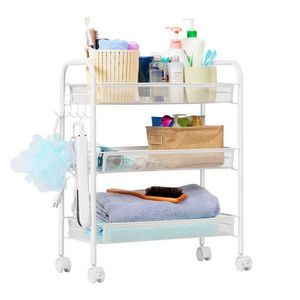 Carrello portaoggetti a tre livelli bianco avorio con gancio rimovibile e rete a nido d'ape raffinata per la pulizia della cucina, del soggiorno e per la conservazione degli alimenti - Product Image 1