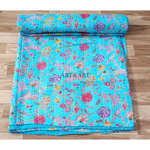 Edredón Kantha de algodón indio azul cielo con estampado floral, manta Gudri, juego de ropa de cama étnica hecha a mano para decoración del hogar y dormitorio - Product Image 4