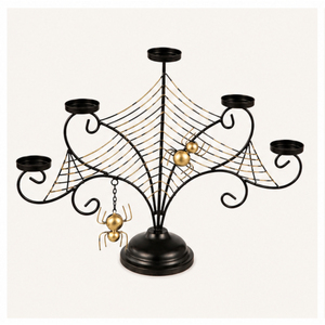 Candélabre en métal toile d'araignée à 5 bras, fait main, noir et or, centre de table d'Halloween pour une décoration gothique effrayante - Product Image 1