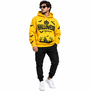 Sweat-shirt à capuche graphique personnalisé pour Halloween, pour hommes et femmes, jaune, avec impression 3D de citrouille, chauve-souris et maison hantée, en molleton de coton - Product Image 1