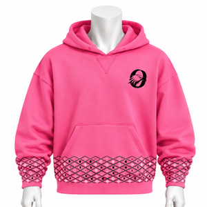 <b>Mens</b> <b>Pink</b> Embroidered Border <b>Hoodie</b> Oversized Pullover Fleece Sweatshirt Kangaroo Pocket Decorative Cuff Casual Streetwear Top - Product Image 1