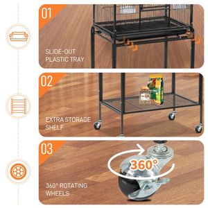 53\" Large Black Flight Bird Cage with Rolling Stand & Storage Shelf for Parrots Lovebirds Cockatiels Parakeets - Product Image 4