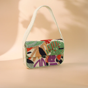 Bolso Cruzado Cuadrado Clásico con Cuentas Blancas, Diseño de Limón Bordado, Impresión Serigráfica, Estilo de Moda para Viajes, Uso Diario, Bolso Tote Artesanal - Product Image 1