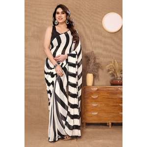 Fancy Georgette Print Werk Één Minuut <span class=keywords><strong>Saree</strong></span> Met Ongestikte Blouse Zwart - Product Image 1