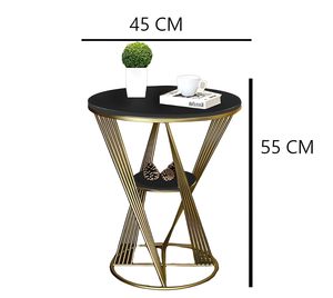 Table basse design industriel moderne, gain de place, avec étagère de rangement, plateau en marbre, structure en métal finition dorée, meubles de salon - Product Image 3