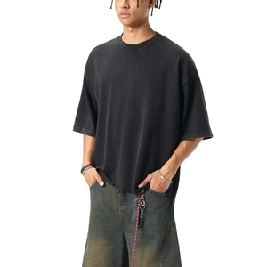 Men Vintage Washed <b>Black</b> Oversized T <b>Shirt</b> Raw Hem Distressed Cotton Streetwear Wholesale Blank <b>Tee</b> - Product Image 5