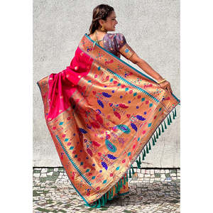 Sari en soie Paithani Elite Weaves rose Chandrakor Swan Yeola avec contraste Zari tissé, vêtements indiens et pakistanais - Product Image 3