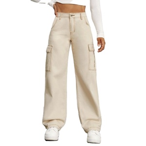 Jean cargo en denim OSCA beige, style moderne tendance, thème rétro, respirant, écologique, multi-poches (6), taille haute, coupe ample, 100% denim - Product Image 1