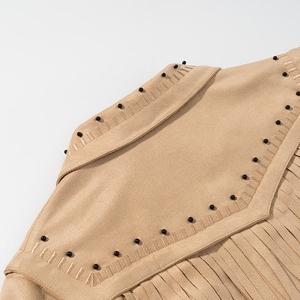 Women's Premium Tan Fringe Genuine <b>Suede</b> <b>Leather</b> <b>Jacket</b> Front Stud Trim Point Collar Whipstitch Studded Customization Available - Product Image 4