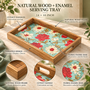 ถาดเสิร์ฟไม้เคลือบลายดอกไม้ |   ถาดไม้ธรรมชาติทรงสี่เหลี่ยมพร้อมหูจับแบบเจาะรู สำหรับโต๊ะอาหาร ตกแต่งบ้าน และเสิร์ฟอาหาร - Product Image 5