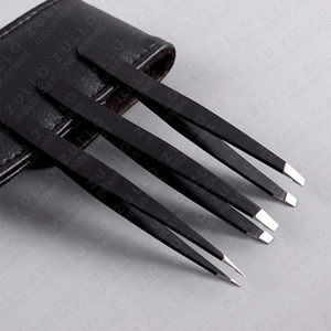Premium Set of 3 Eyebrow Tweezers Slanted Pointed Straight Tip Black Stainless Steel with PU Leather Pouch <b>Makeup</b> <b>Tool</b> Kit - Product Image 5