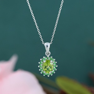 Collar con Colgante de Peridoto Natural, Plata de Ley 925, Gema Verde con Halo, para Mujer, Joyería de Piedra de Nacimiento de Agosto - Product Image 4