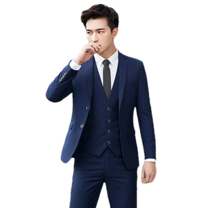 Costume d'affaires noir personnalisé avec logo pour homme, blazer rayé de luxe en mélange de laine à simple boutonnage, ensembles de costumes pour homme de haute qualité en gros - Product Image 3