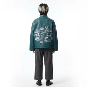 Men's Chinese Style <b>Real</b> <b>Leather</b> <b>Jacket</b> Hand Embroidery Dragon Pattern Stand Collar Zipper Closure Winter Wear Moto Style - Product Image 2