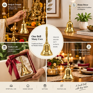 Cloche de prière en laiton à long manche et base évasée pour la prière traditionnelle hindoue, les rituels du temple et les rituels quotidiens du mandir - Product Image 3