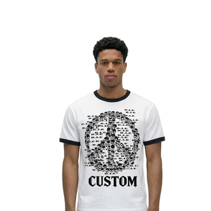 T-shirt blanc pour homme OEM ODM avec col rond, bordure noire, manches courtes, motif signe de la paix et impression de lettres gothiques personnalisées - Product Image 3