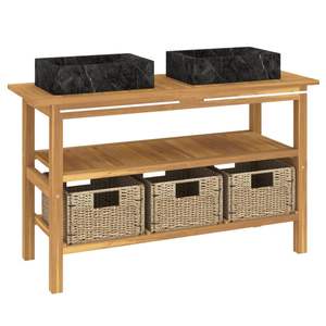 Mobiletto di vanità del bagno di Teak di legno solido con i lavandini di marmo nero - Product Image 3