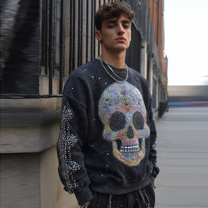 Sudaderas con hombros caídos y pedrería para hombre, cuello redondo, de vellón de peso medio - Product Image 1