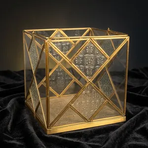 Artisan Design Handmade Geometric <b>Brass</b> <b>Lantern</b> with Mirrored Glass Panels Embossing Home Decoration Votive Holder Model VO951 - Product Image 2