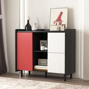 Credenza Nera con Ante Rosse, Design Unico del Pannello, 2 Scomparti Aperti e 2 Cassetti - Product Image 4