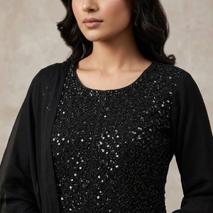 Designer Georgette Kurti with Beads <b>Sequins</b> Embroidery Work Palazzo Set-Modern Ethnic Outfit for Women <b>Party</b> Wear - Product Image 5