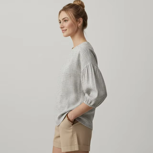 Women's Casual Linen Short Shirt with <b>Balloon</b> Sleeves Spring Summer Washable Simple Design - Product Image 2