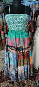 Bohemian <b>Patchwork</b> Silk Saree <b>Skirt</b> Dress for Women Breathable Ankle-Length Adjustable Strap Dress Free Size - Product Image 5