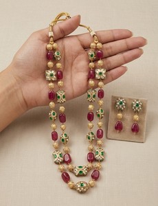 Luxury <b>Ruby</b> Jade Gemstone Long <b>Necklace</b> Set Gold Plated Kundan Polki Beaded Statement Matching Earrings Women - Product Image 2