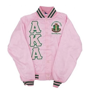 Alpha Varsity <b>Jacket</b> Pink Embroidered Letters Preppy Style Turn-down Collar Regular Fit - Product Image 1