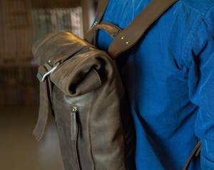 Sustainable <b>Leather</b> Roll Top <b>Backpack</b> Recycled Lining Rucksack Ethical Production Global Travel Bag LRTB-0170 - Product Image 3