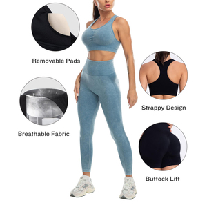 Ensemble de yoga sans couture bleu pour femme, soutien-gorge de sport et leggings taille haute, 2 pièces, design côtelé pleine longueur, dos nageur sans manches - Product Image 4