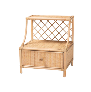 โต๊ะข้างเตียงหวายสานทำมือพร้อมลิ้นชักและชั้นวางของลายตาข่ายสไตล์โบโฮธรรมชาติ เฟอร์นิเจอร์สไตล์โบโฮ ผลิตในเวียดนาม - Product Image 1