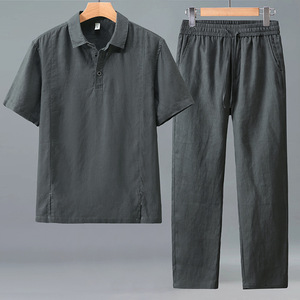 Ensemble polo et short en lin et coton pour homme, coupe ample, respirant, décontracté, tenue en deux pièces - Product Image 5