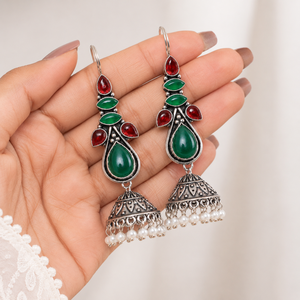 Oxidized <b>Silver</b> Multi Color Gemstone Indian <b>Dangle</b> Jhumka <b>Earrings</b> for Women Bulk Supplier - Product Image 4