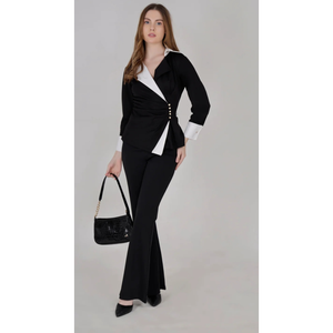 ชุดเซ็ตเสื้อเบลเซอร์ปกปีกนกแบบอสมมาตรสีเดียวตัดกันสไตล์เอ็กเซคคิวทีฟนัวร์ พร้อมกางเกงขาบาน - Product Image 1