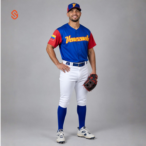 Venezuela Baseball Jersey Men Short Sleeve Blue Red White Embroidery <b>Button</b> Front Regular Fit All Seasons - Product Image 1
