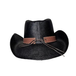 Solid Color Black Textured Straw <b>Western</b> <b>Hat</b> Breathable Summer <b>Hat</b> with Contrast Brown Leather Band - Product Image 2