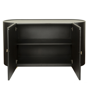 Modern Wood Credenza Gold Accents Midcentury Design Living Room Storage <b>Cabinet</b> Two Doors Sleek Oval Shape Assembled - Product Image 2