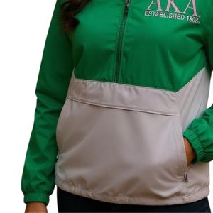 Green and White Women Hooded Pullover Windbreaker with Front Pocket Lightweight Long Sleeve Casual Outdoor Jacket Comfortable - Product Image 4