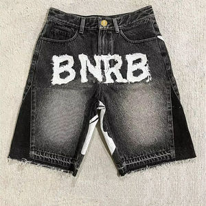 Shorts en jean noir délavé Glory Custom 100% coton, avec imprimé, appliqué, broderie, ourlet brut, logo, style streetwear, coupe ample et effet usé - Product Image 2