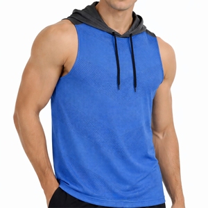 Camiseta sin mangas con capucha y cuello en V, ajuste cómodo, elástica, duradera, de color liso, mezcla de poliéster, algodón y elastano para hombre, última colección 2026 - Product Image 1