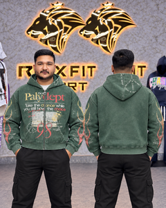 GRAY FOUR SPORTS Sweat à capuche zippé vert vintage pour homme, motif abstrait, mélange de coton délavé, coupe oversize, style streetwear - Product Image 2