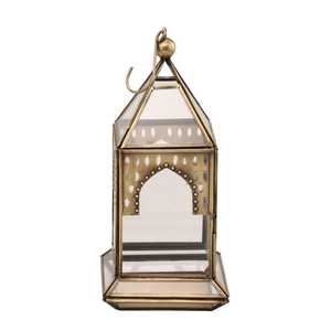 Antique Brass Moroccan <b>Lantern</b> Arch Cutout Frame Clear Glass Panel Hanging Candle Holder Tabletop <b>Hurricane</b> Lamp Light - Product Image 1