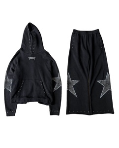 Pantalon de survêtement évasé Vintage lourd Streetwear strass en détresse broderie lavage à l'acide sweat à capuche zippé survêtement ensemble survêtement - Product Image 1