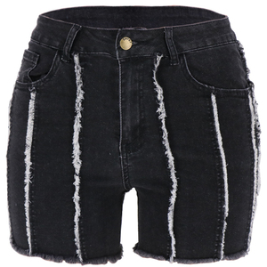 Shorts de Mezclilla Negros de Cintura Alta para Mujer con Detalles Desgastados, Cinco Bolsillos, Estilo Casual, Lavado Desgastado, Corte Regular, Cierre de Botones - Product Image 1