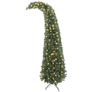 Albero di Natale Preilluminato da 2,1 m con Cima Curva, Abete di Alta Montagna Sottile e Fantasioso con 300 LED, Base in Metallo Verde, Decorazioni Natalizie - Product Image 1