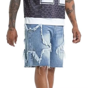 Pantalones Cortos de Mezclilla Rotos de Cintura Alta para Hombre, Estilo Casual con Botones, Tejido de Algodón - Product Image 2
