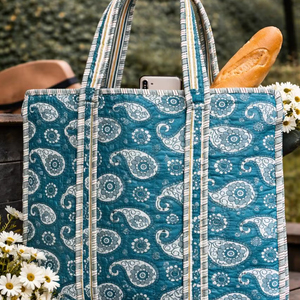 กระเป๋าช้อปปิ้งชายหาดผ้าฝ้ายลายดอกไม้รักษ์โลก น้ำหนักเบา ทำมือ พิมพ์ลายบล็อก  แบบเย็บติดกัน พร้อมช่องใส่ของด้านใน - Product Image 1